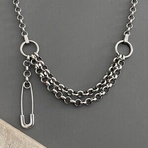 silver necklace, NON TARNISH CHAIN steel, plated safety pin, edgy punk goth alt